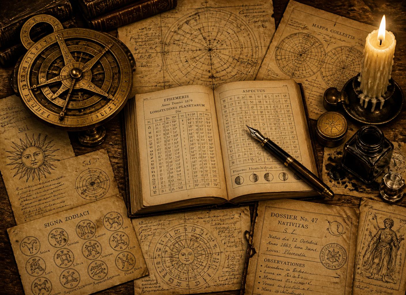 Sepia ink illustration of a vintage astrologer's desk with a brass astrolabe, open ephemeris, hand-drawn star charts and zodiac sketches in candlelight