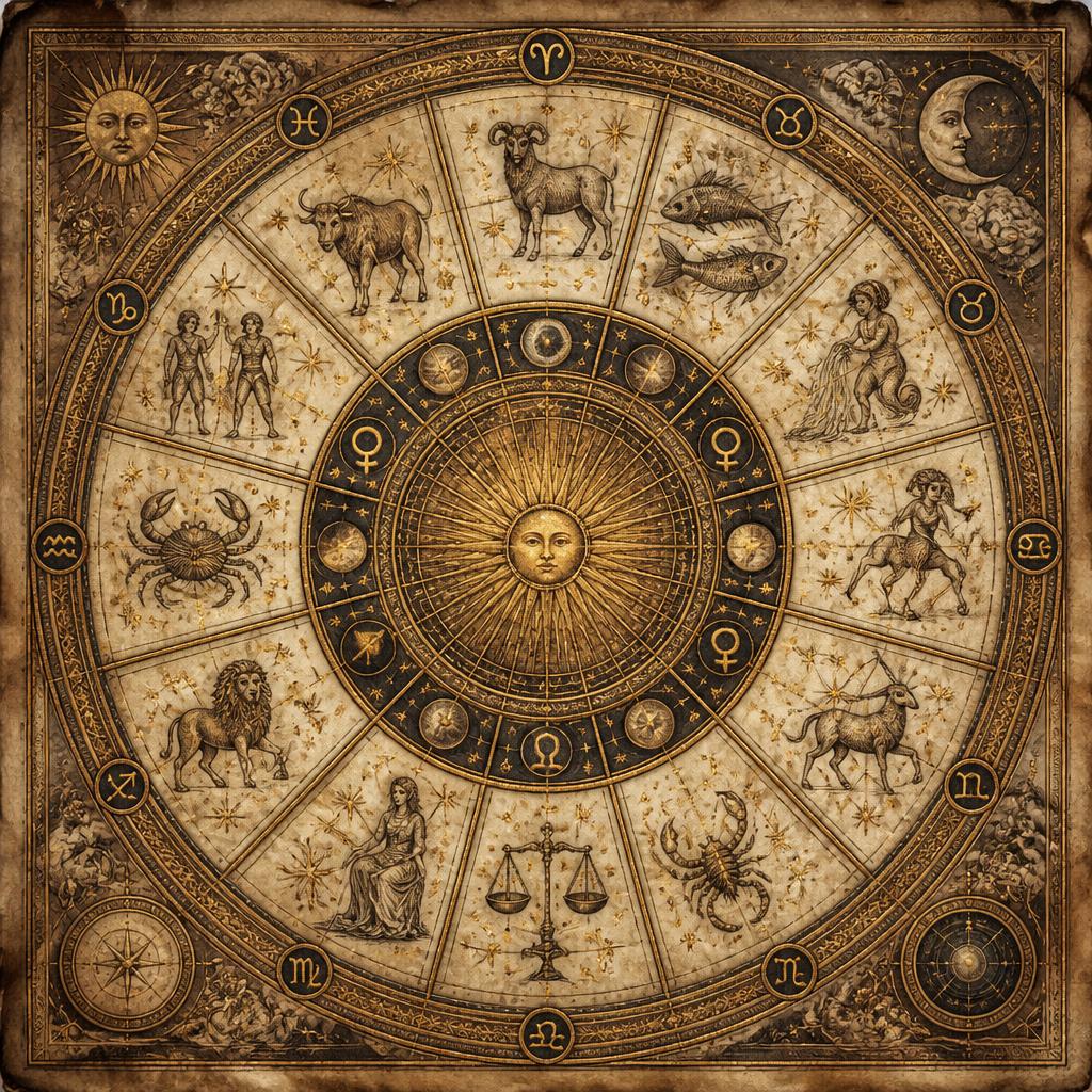 Sepia ink astrological chart artwork with planetary symbols, aspect lines and zodiac annotations on aged parchment