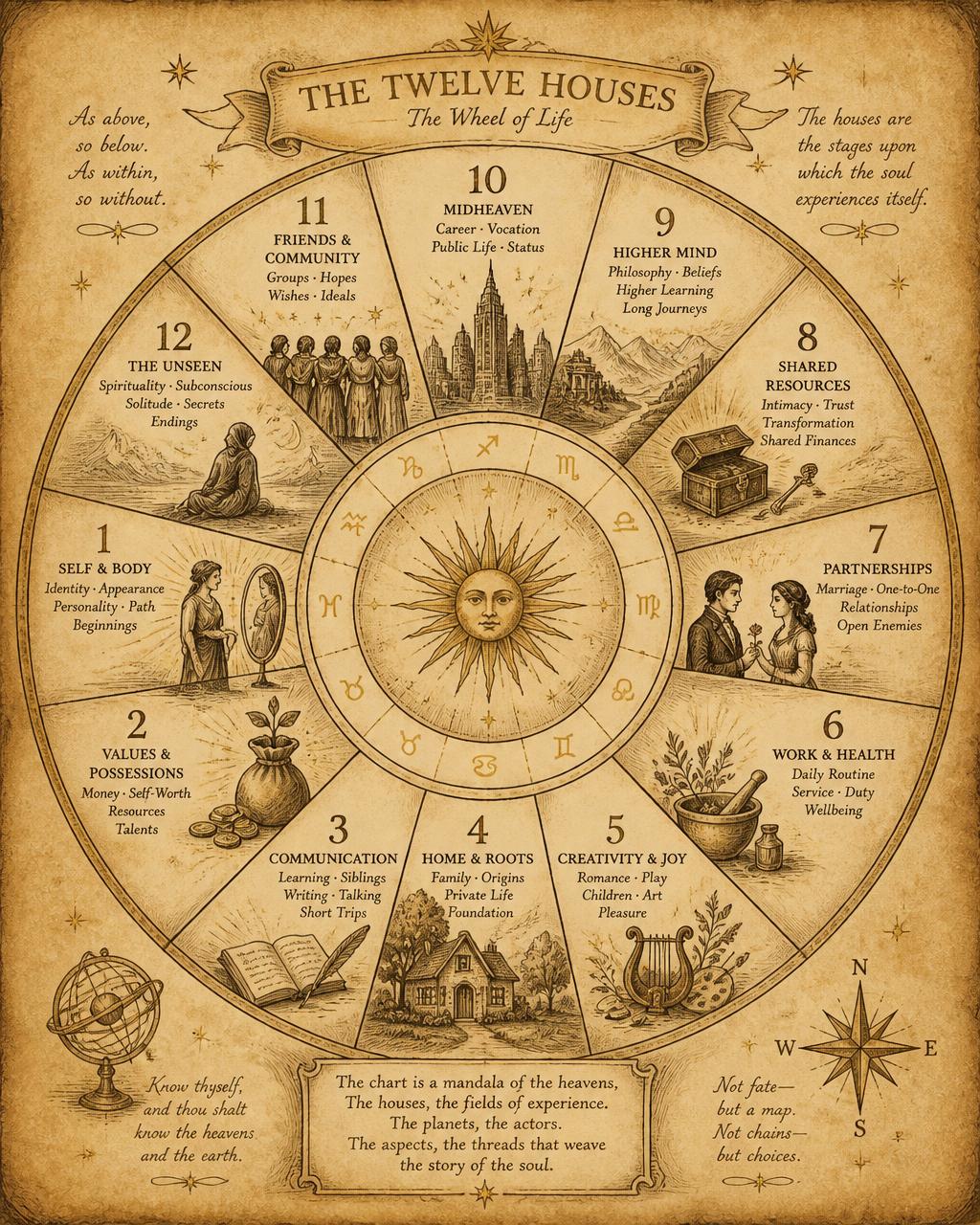 Hand-drawn ink illustration of the twelve astrological houses arranged in a wheel on aged parchment, each house with a small symbolic vignette