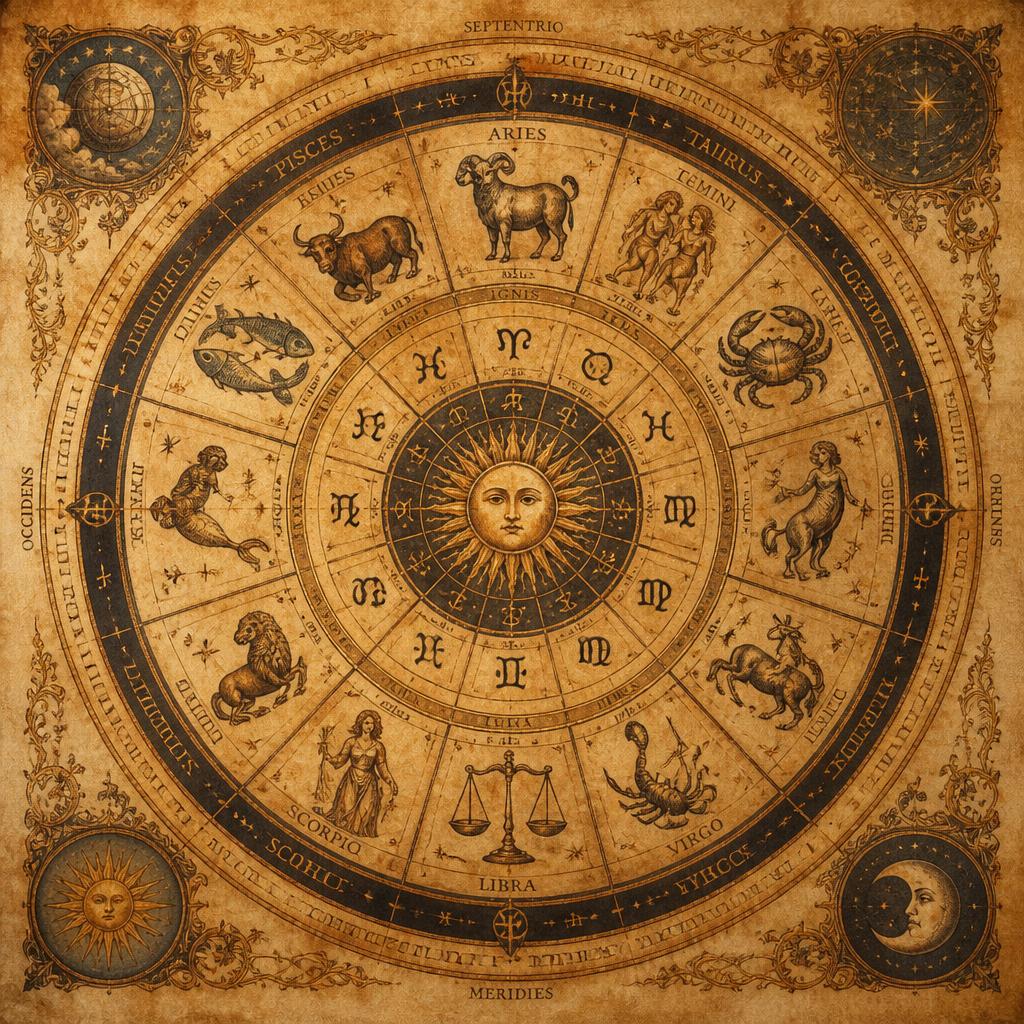 Sepia ink zodiac wheel with all twelve signs and planetary glyphs arranged in a circle on aged parchment