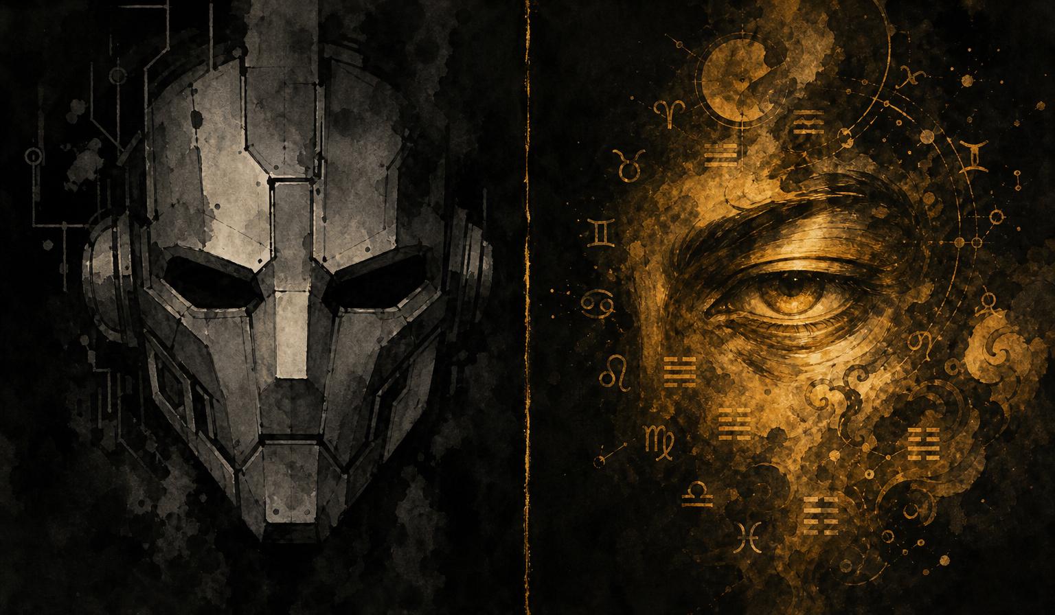 A grey generic machine face beside a golden human face marked with zodiac and I Ching symbols