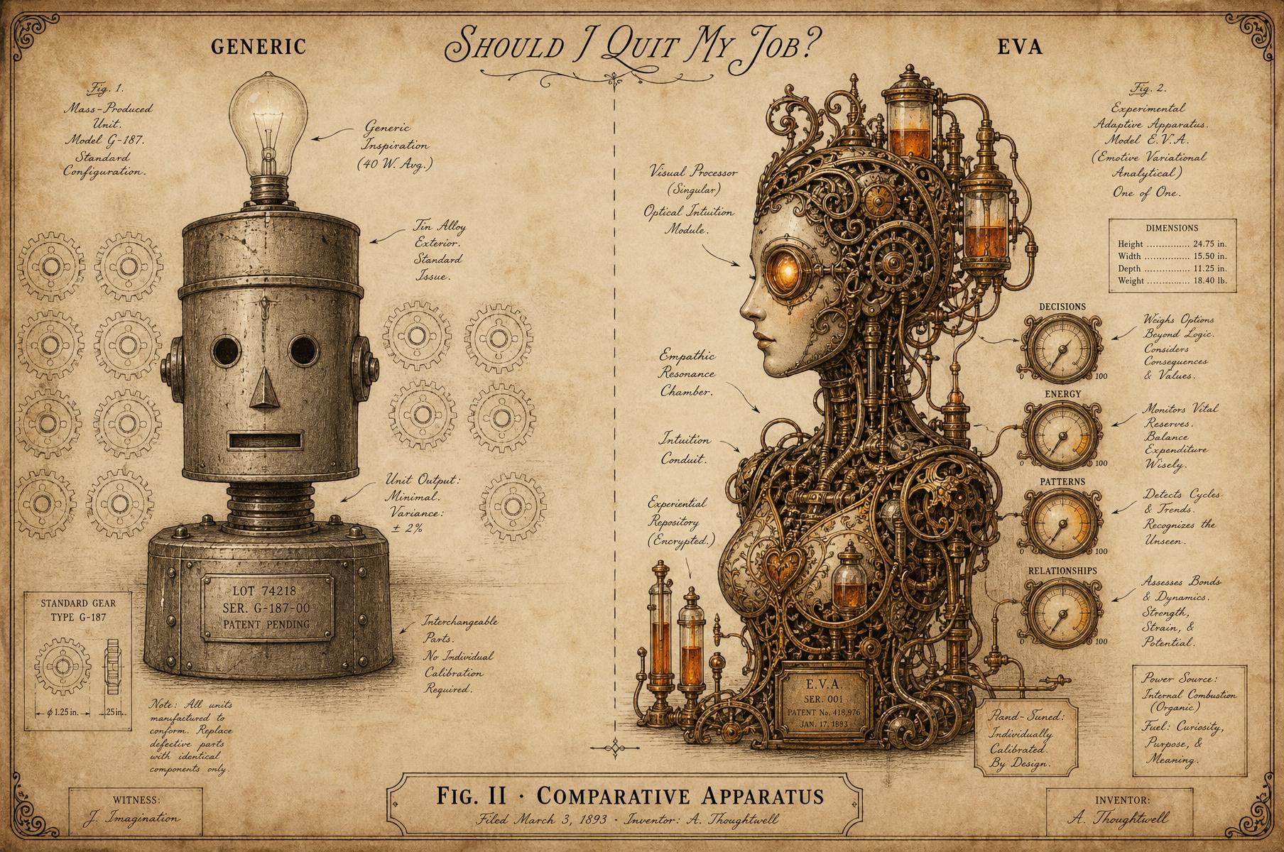 A vintage patent-style diagram comparing a mass-produced tin robot to an intricate hand-tuned apparatus labeled EVA, with dials for decisions, energy, patterns, and relationships