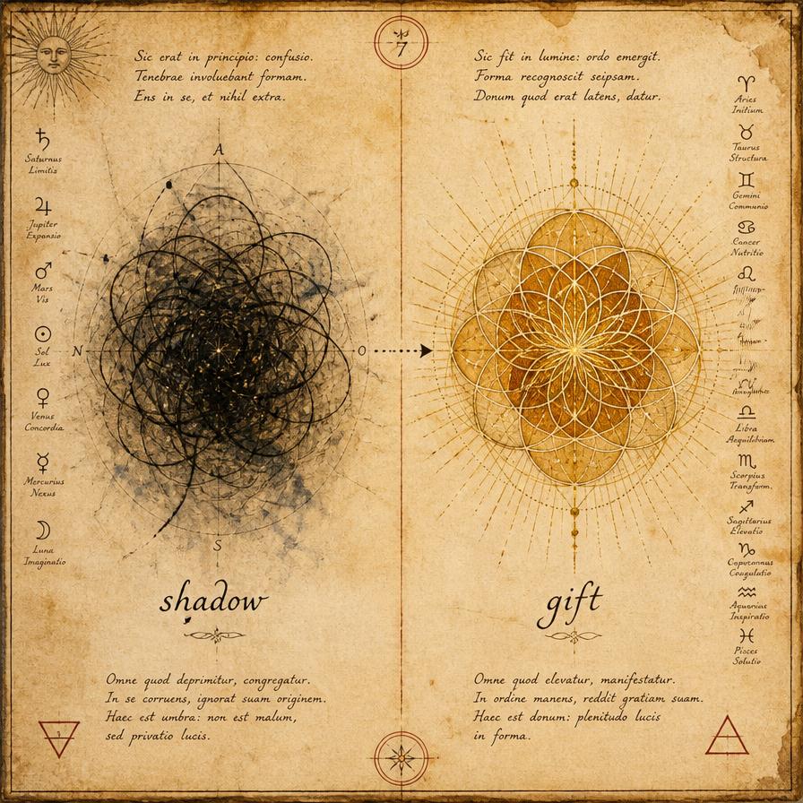 Three illuminated panels — shadow, gift, and mastery states