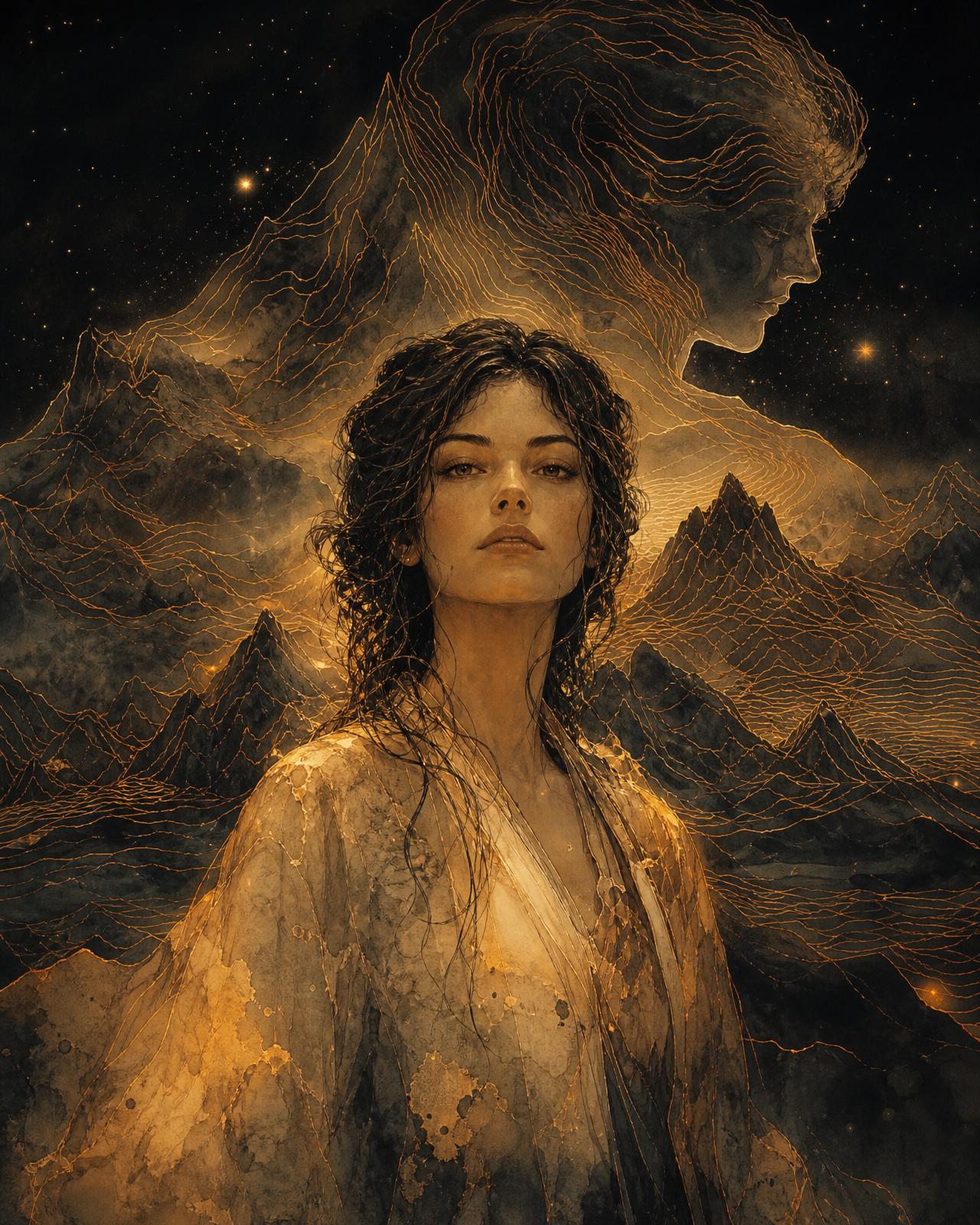 Eva standing in amber mountainous terrain with glowing topographic contour lines