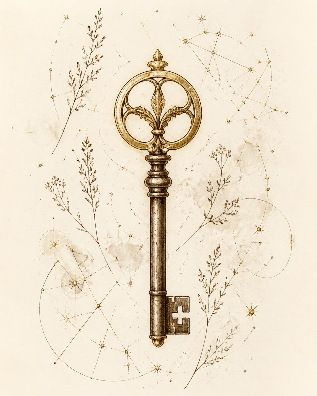 Sepia ink illustration of an ornate key among constellations, representing the Gene Keys