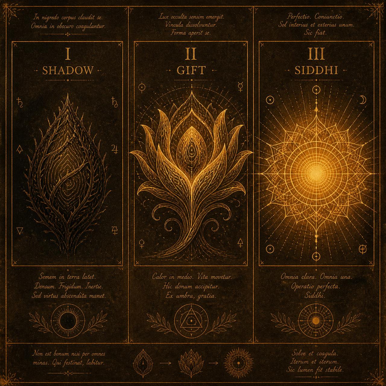 Alchemical triptych plate showing the three frequencies of a Gene Key: a closed thorned bud for Shadow, an opening golden lotus for Gift, and a radiant mandala sun for Siddhi