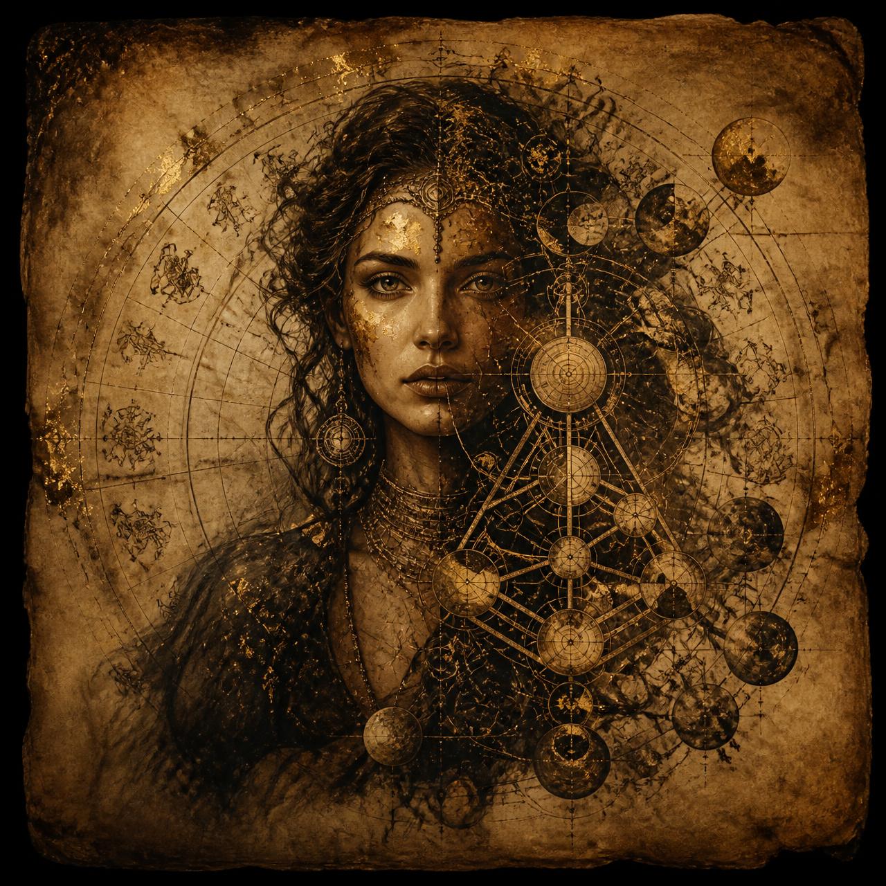 Ink-style illustration of Eva interpreting the seven Human Design decision mechanisms
