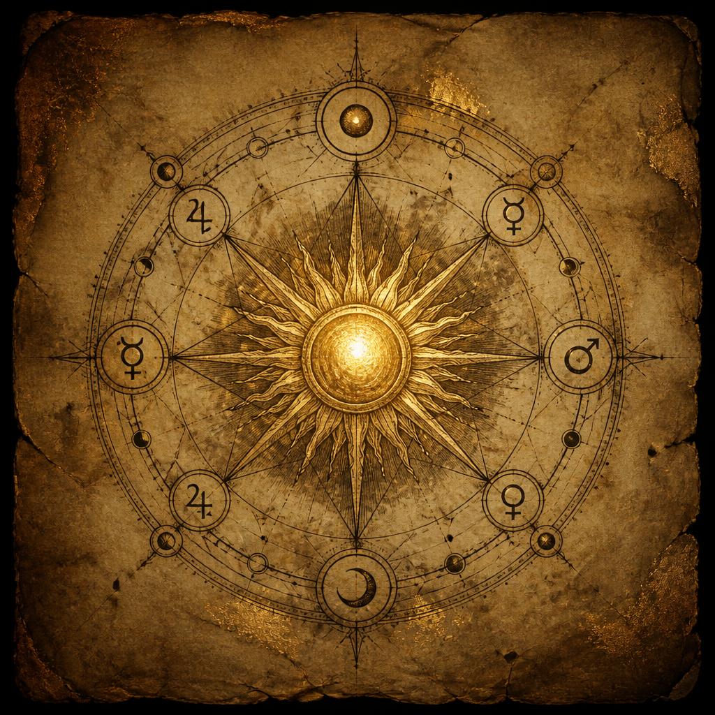 Sepia ink illustration of alchemical glyphs representing the human design decision mechanism