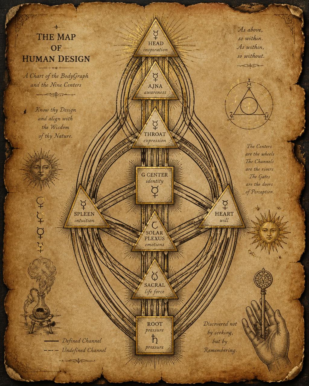Two Human Design bodygraph charts side by side with gold channels lit between them, hand-drawn ink on aged parchment