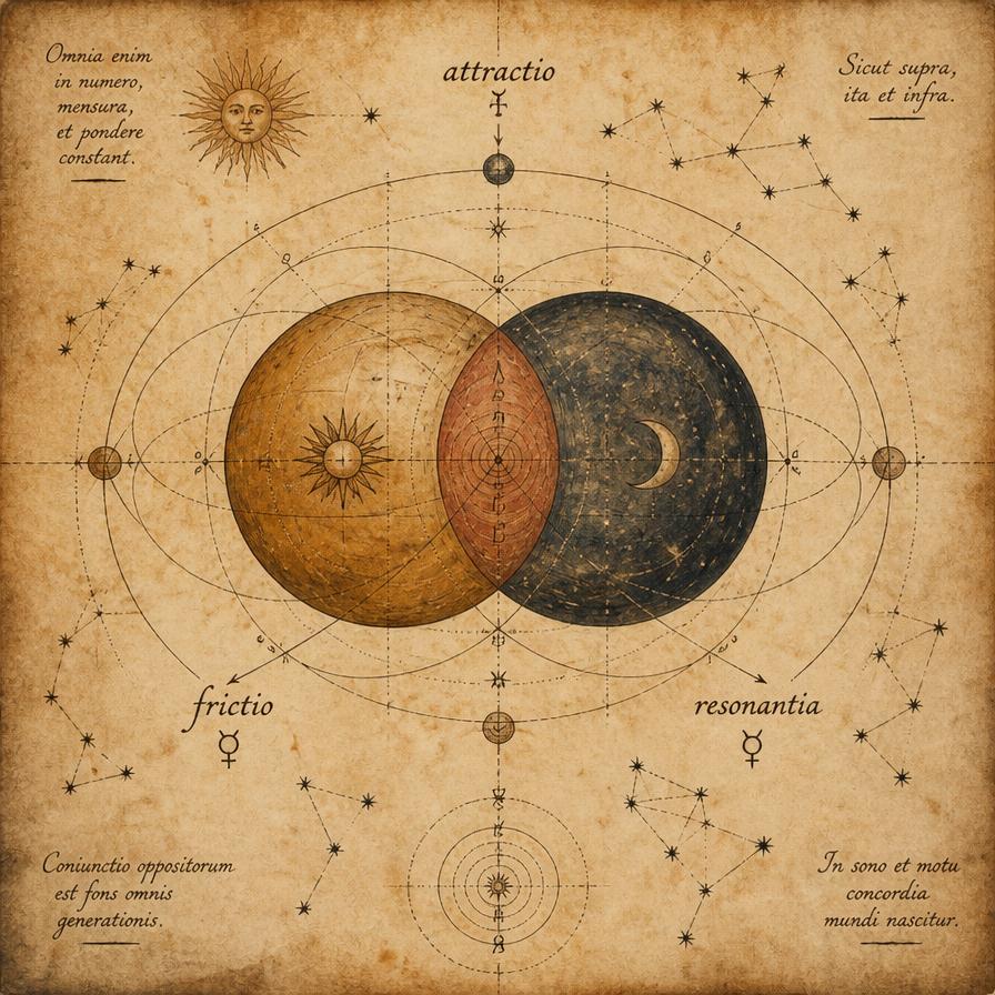 Two intertwined circles forming a vesica piscis with a gold flame in the overlap, hand-inked sigil on aged parchment