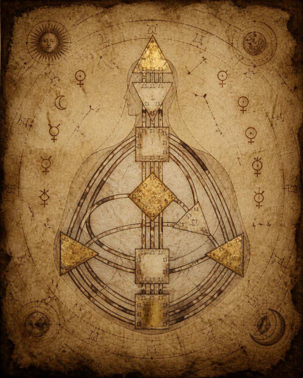 Human Design bodygraph chart drawn in sepia ink on aged parchment