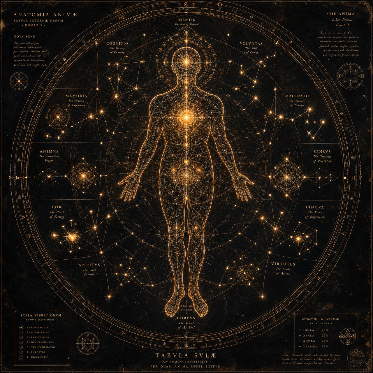 Hand-drawn Human Design bodygraph on aged parchment with annotated centers and channels
