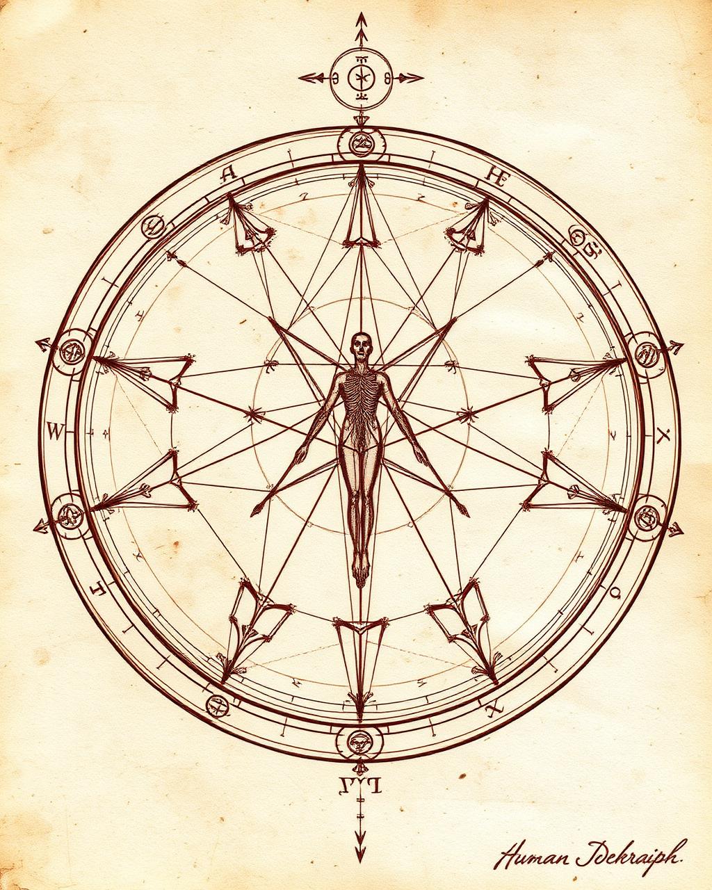 Human Design bodygraph in sepia ink showing the nine centers, gate numbers, and connecting channels