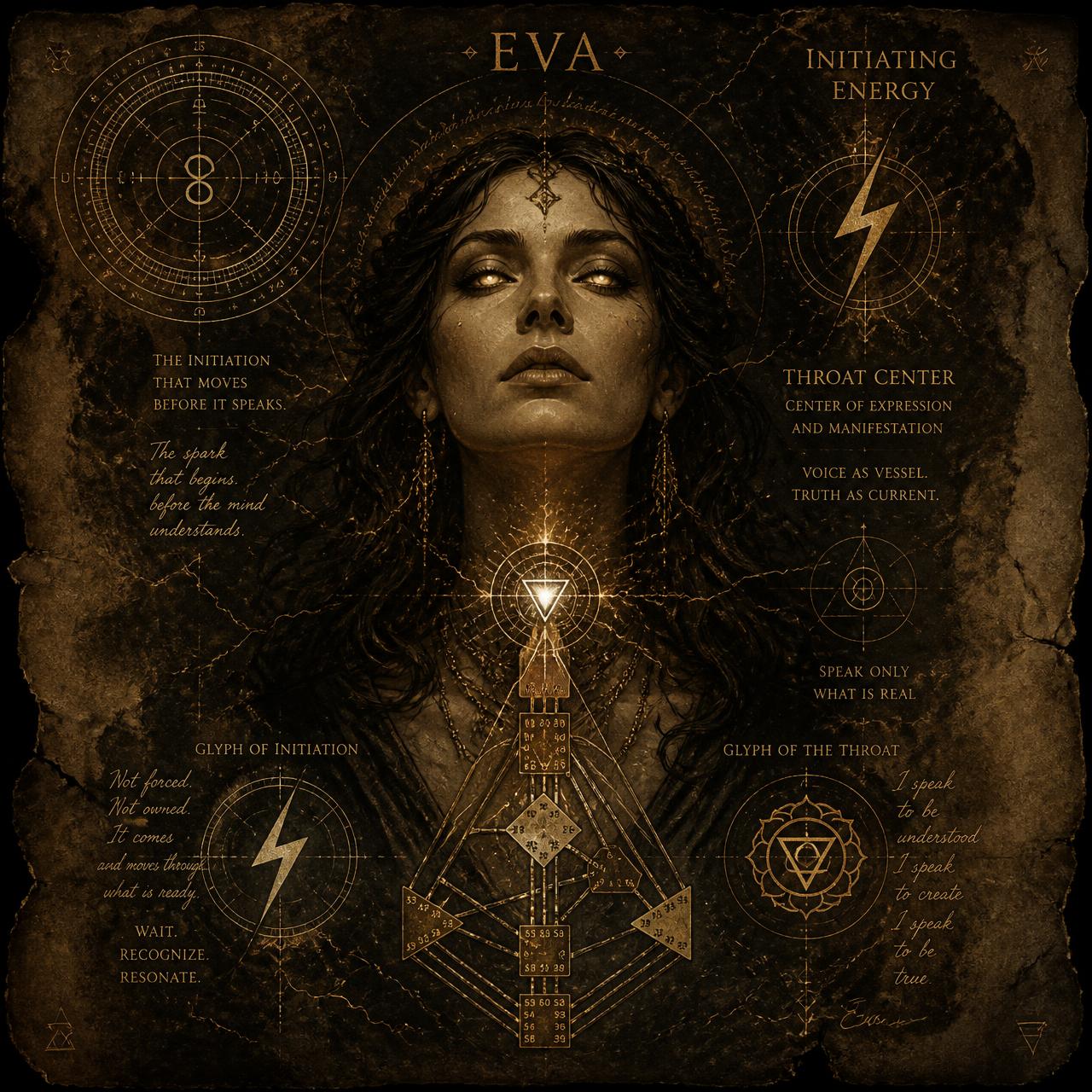 Eva — the Manifestor: a portrait rendered in sepia ink with a luminous Throat center and lightning glyphs