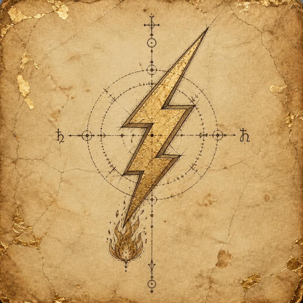 Hand-drawn sigil of a gold lightning bolt with flame, on aged parchment