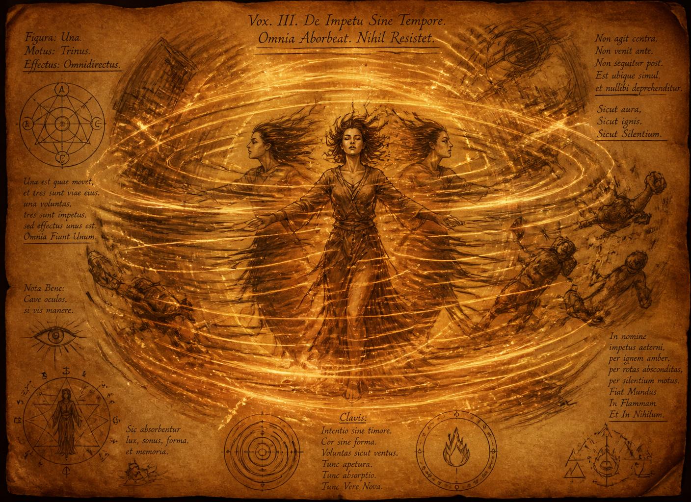 A figure rendered in sepia ink with an open enveloping aura shown as wide ripples and motion-blurred silhouettes suggesting she moves in several directions at once