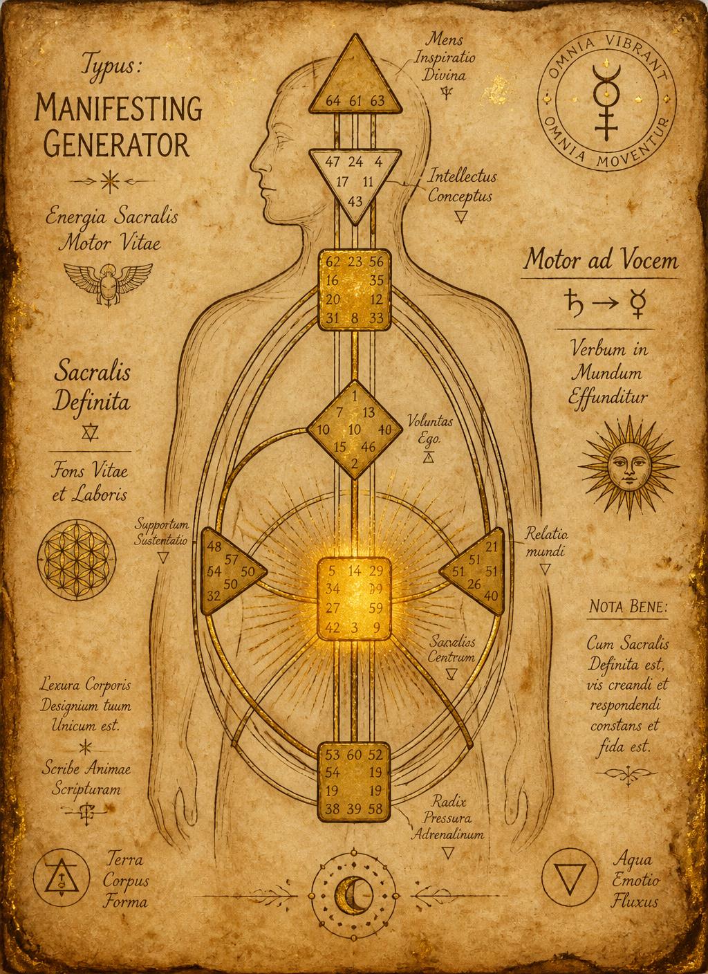Hand-drawn ink bodygraph of a Human Design Manifesting Generator with a glowing defined Sacral and a motorized channel running to a defined Throat, on aged parchment