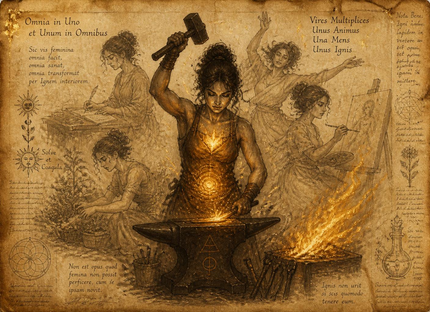 A woman at a forge with a glowing amber fire in her chest, ghosted versions of herself doing several other crafts behind her, drawn in sepia ink and gold on aged parchment