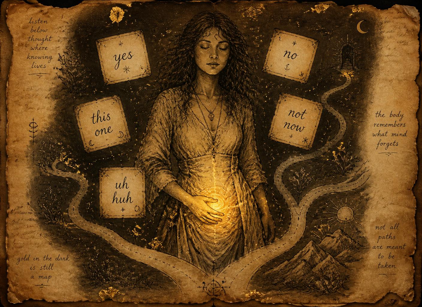 A woman with her hand on a glowing amber sacral center listening inward while options cards float around her, drawn in sepia ink with gold accents on aged parchment