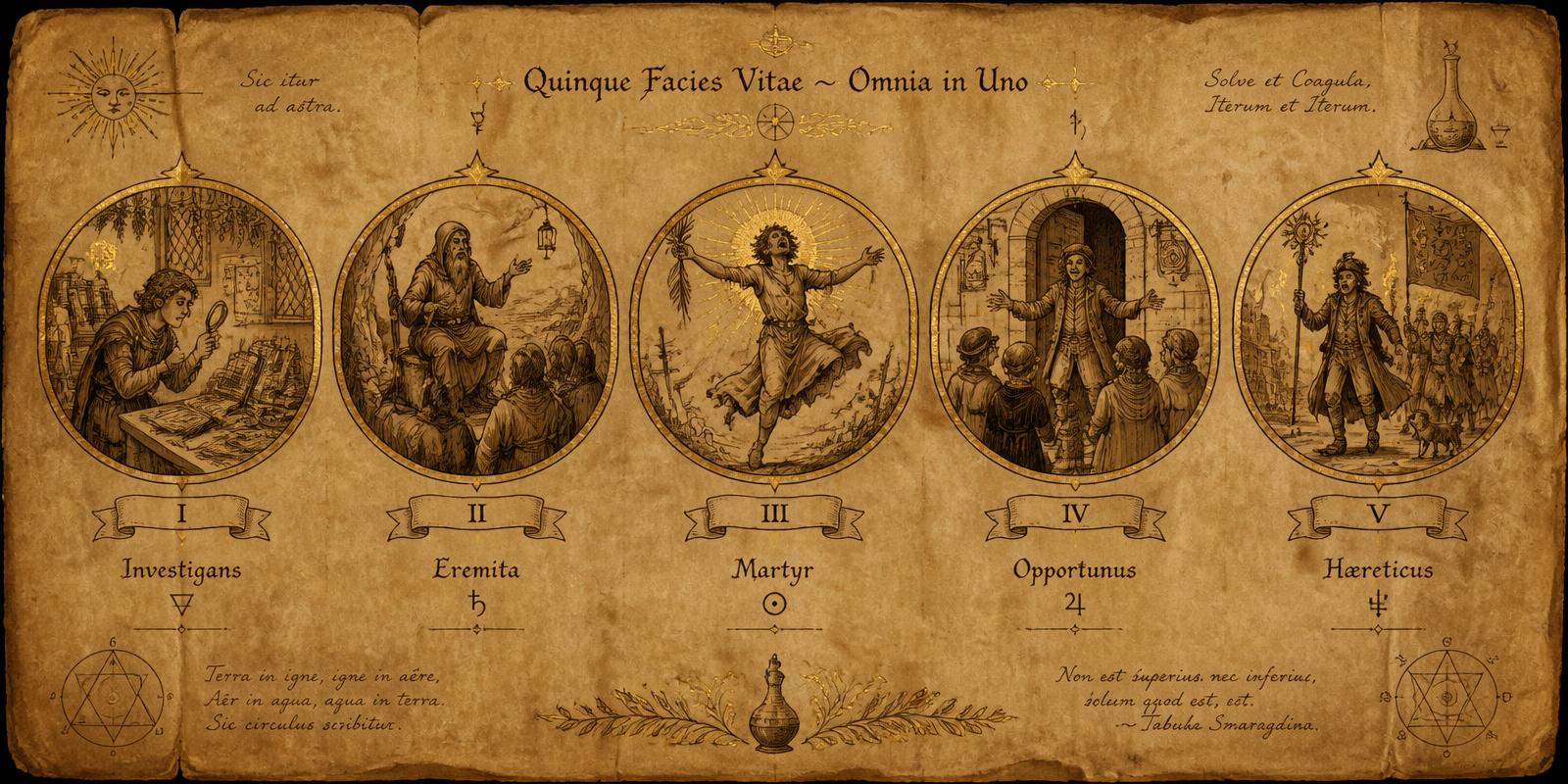 Five small oval portraits arranged in a row depicting the five MG profile flavors, each labeled in Roman numerals, drawn in sepia ink with gold accents on aged parchment