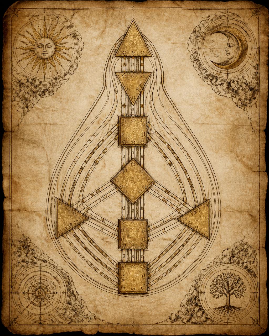 Ink illustration of a human design bodygraph chart in sepia and gold on aged parchment