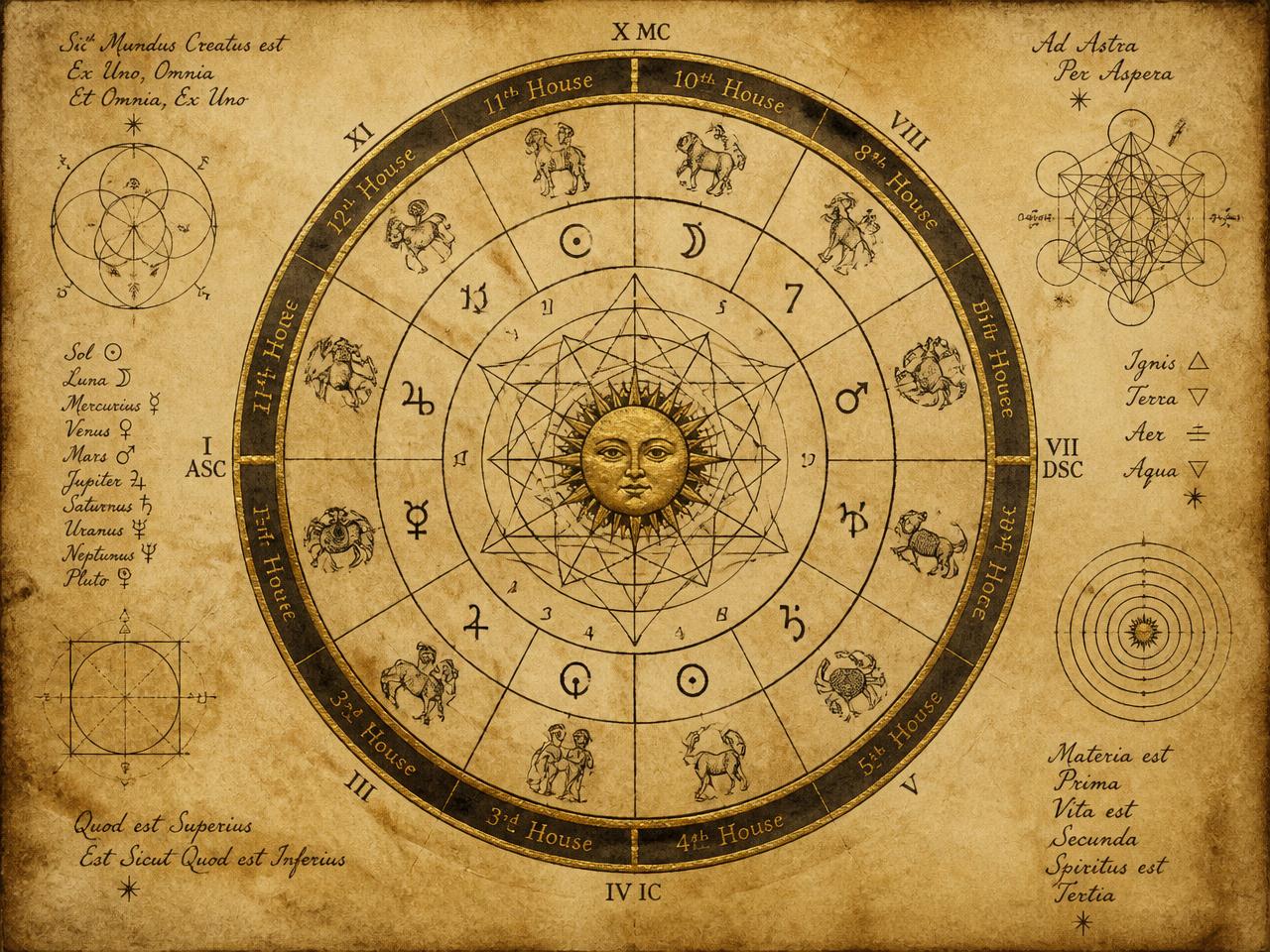 Ink illustration of an antique celestial wheel of houses, gates, and planets on aged parchment