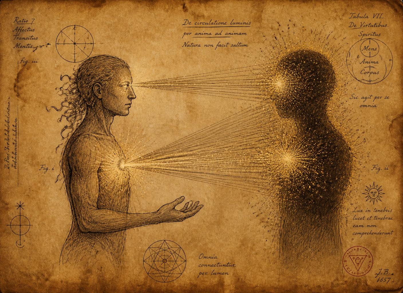 Two figures rendered in sepia ink, one projecting a focused beam of light into the other, with handwritten Latin annotations in the margins