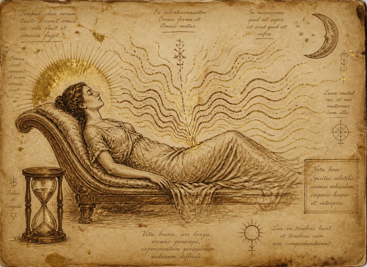 A reclining woman with a golden sun-like halo behind her head, hourglass beside the chaise, energy depicted as rising and falling waves in sepia and gold ink