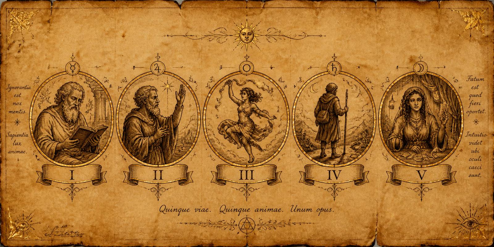 Five small oval portraits arranged in a row depicting the Projector subtypes, each labeled in Roman numerals, drawn in sepia ink with gold accents on aged parchment