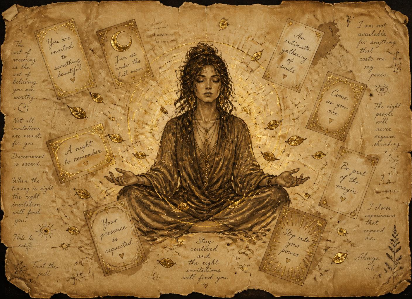 A seated figure in calm meditation surrounded by drifting handwritten invitation cards, drawn in sepia ink with gold accents on aged parchment