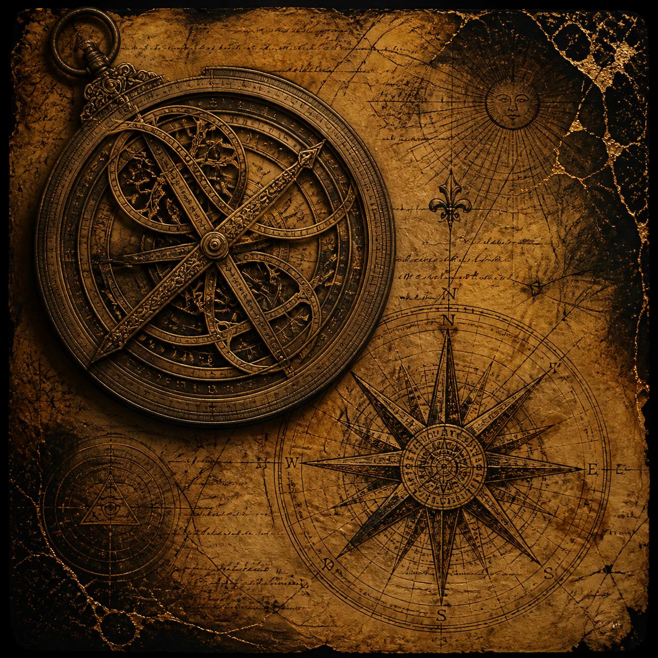 Astrolabe and compass rose rendered in sepia ink on aged parchment