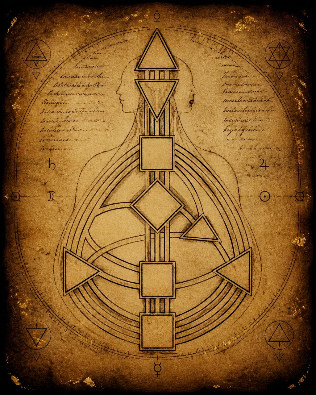 Reflector bodygraph with all centers open, rendered in sepia ink on aged parchment