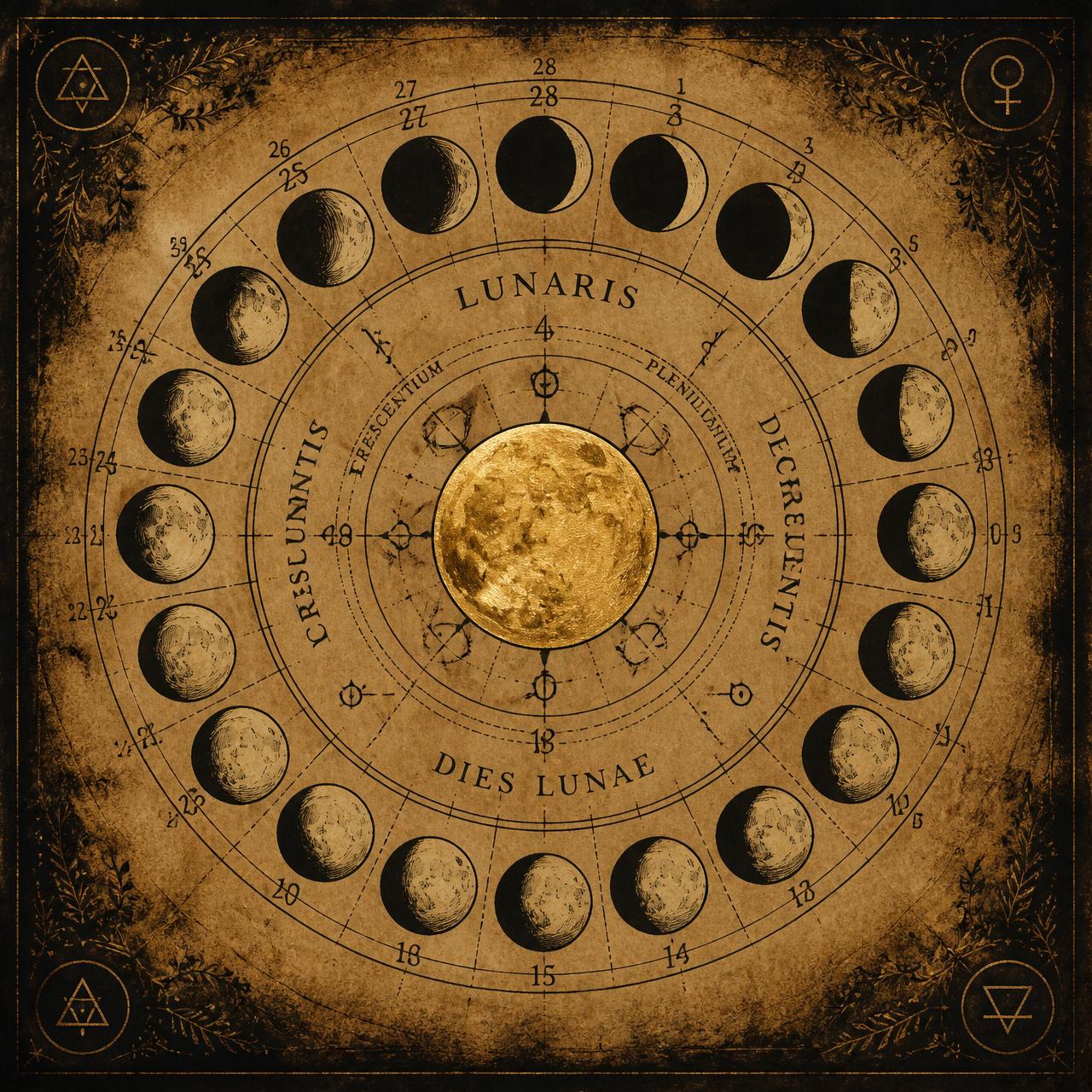 28-day lunar cycle wheel rendered in sepia ink with gold annotations on aged parchment