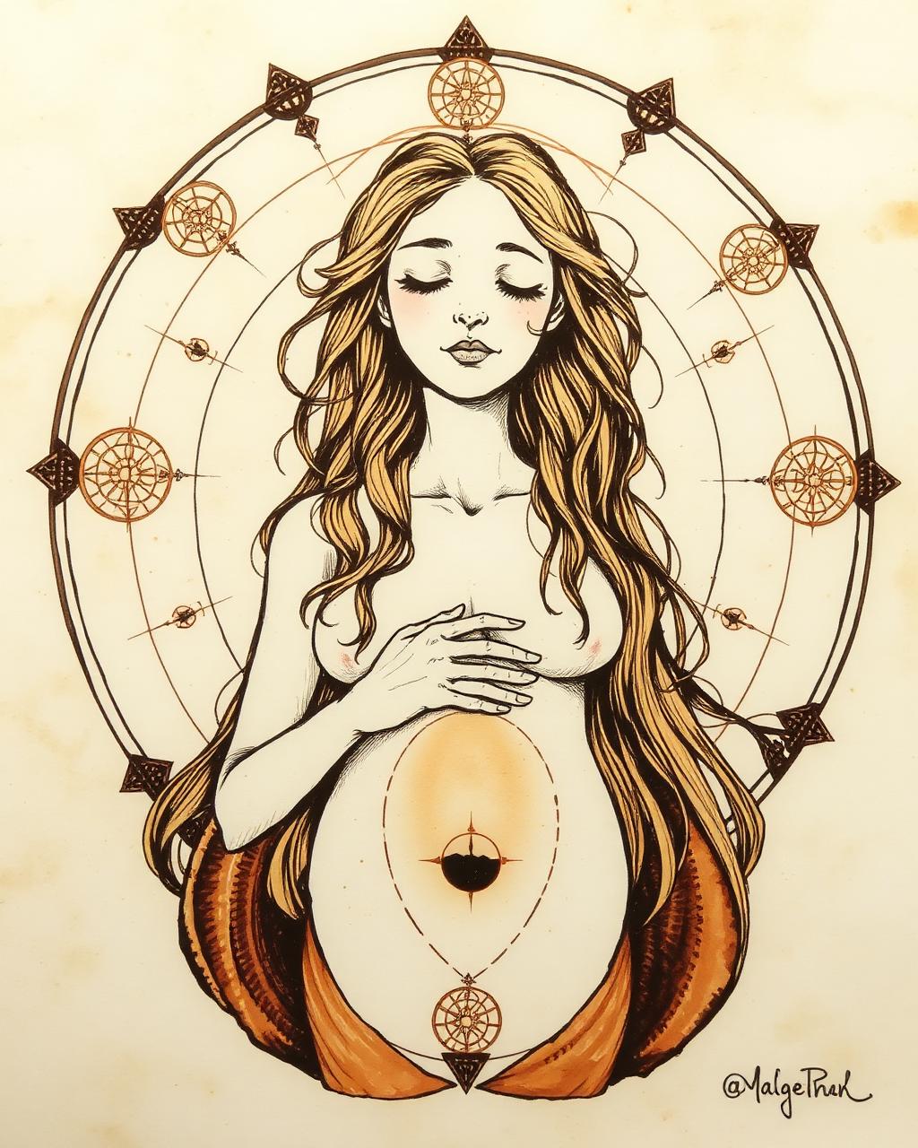 Sepia ink figure study of a human silhouette overlaid with bodygraph geometry