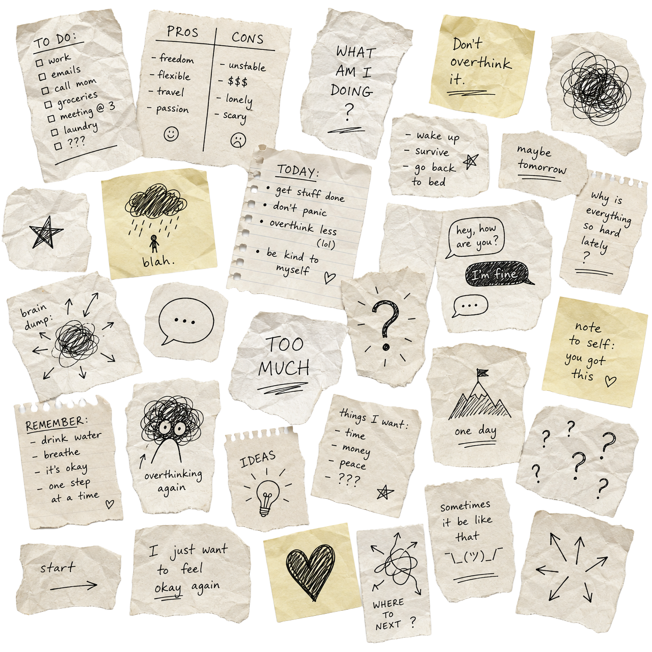 Scattered handwritten notes: 'WHAT AM I DOING?', 'Too Much', 'brain dump', 'I just want to feel okay again', 'why is everything so hard lately'