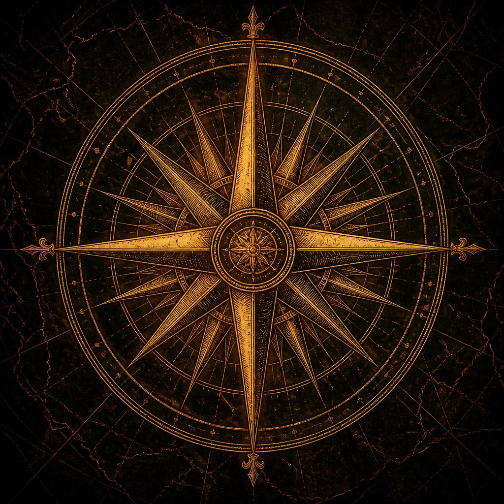 An engraved gold compass rose on dark weathered stone