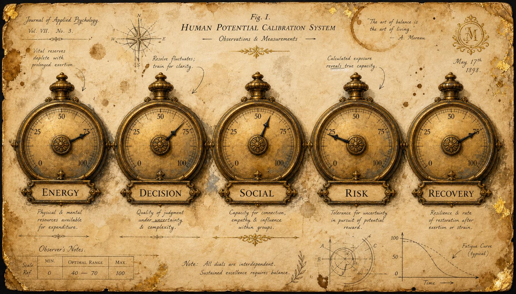 Five antique brass calibration dials on parchment labeled energy, decision, social, risk, and recovery