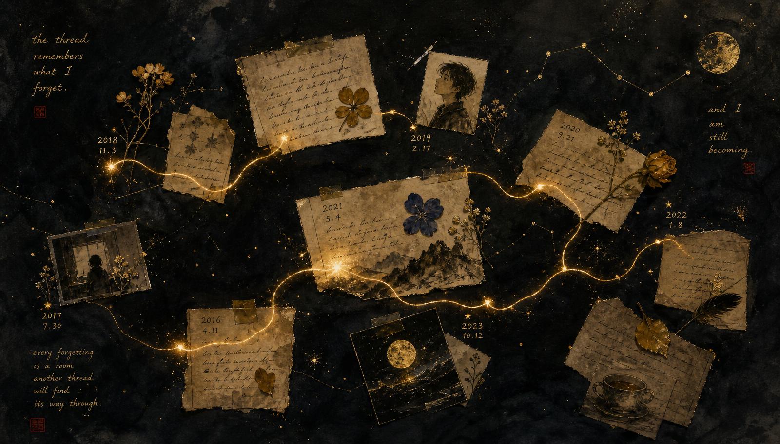 Old journal pages and photographs connected across a dark field by a glowing golden thread